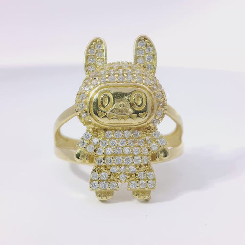 14KT Gold Ring Women's 3D Jumbo Labubu with White CZ Stones Body and Plain Split Band