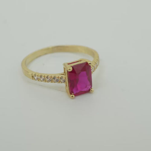14KT Gold Ring Women's Double Halo Rectangle Red Center Stone with White CZ Stones Band