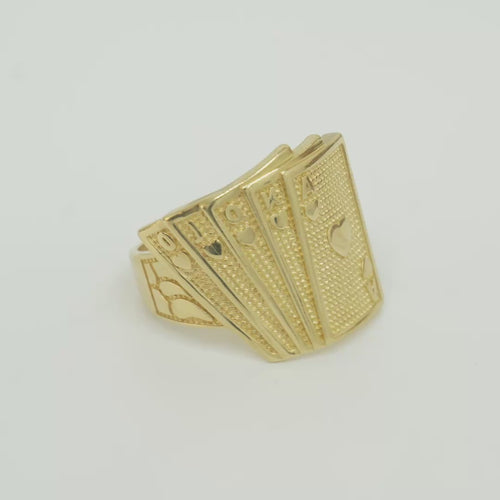 14KT Gold Ring Men's Fanned Playing Cards Shape "Full House Hearts" Nugget Print Band