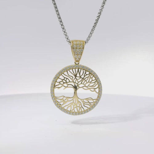 14KT Gold Charm Large Round Tree of Life with White CZ Stones Border and Bell