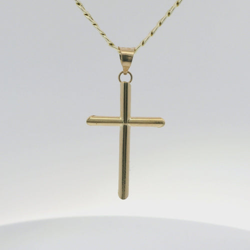14KT Gold Charm Small Plain Hollow Tube Slant Ends Cross with Plain Bell