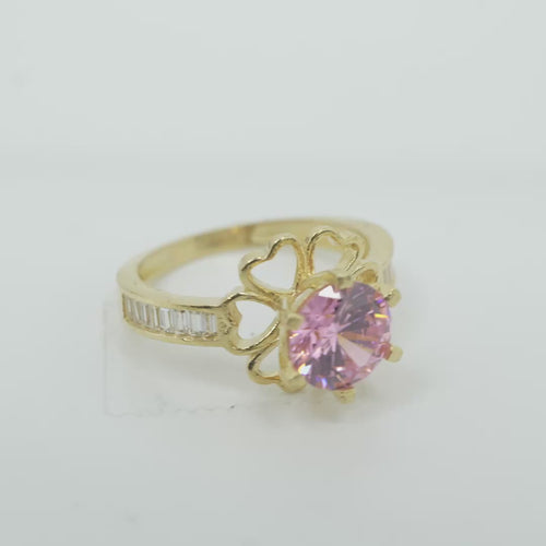 14KT Gold Ring Women's Round Pink CZ Center Stone Open Flower Heart Petals with White CZ Baguette Stone Band