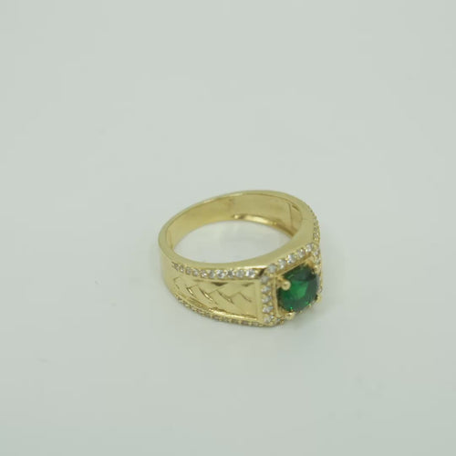 14KT Gold Ring Men's Square Green CZ Round Center Stone White CZ Stone Border Band Design Braid with Single Row White CZ Stones Border