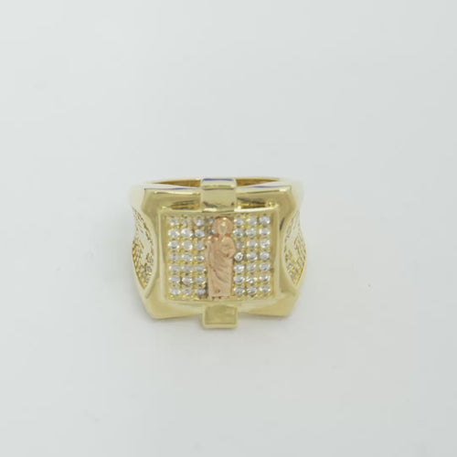 14KT Gold Ring Men's Square Raised Two Tone St. Jude Plain Border with White CZ Stone Background Plain Cross on Sides