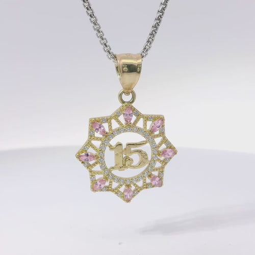 14KT Gold Charm Large Quinceanera "15" Open Webbed Wreath with Light Pink and White Round CZ Stones Border with Plain Bell