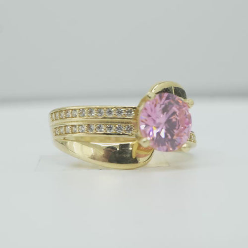 14KT Gold Ring Women's Round Light Pink CZ Center Stone Double White CZ Stone Band with Plain "S" Ribbon