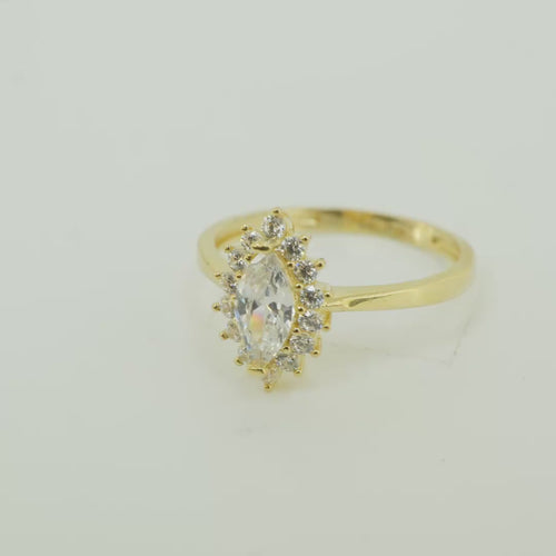 14KT Gold Ring Women's Flower Marquise White Center with White CZ Stone Petals Border Plain Band