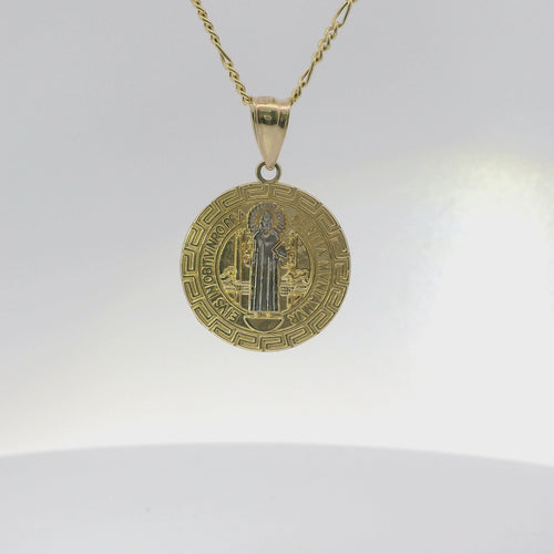 14KT Gold Charm Medium Round Two Tone St Benedict Coin with Greek Border and Plain Bell