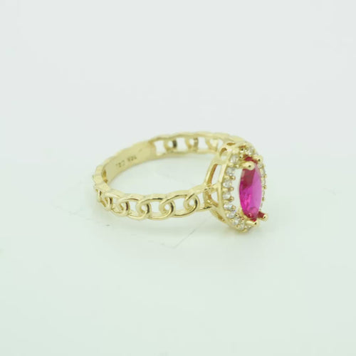14KT Gold Ring Women's Marquise Red Center Stone with White CZ Stone Border Chino Band