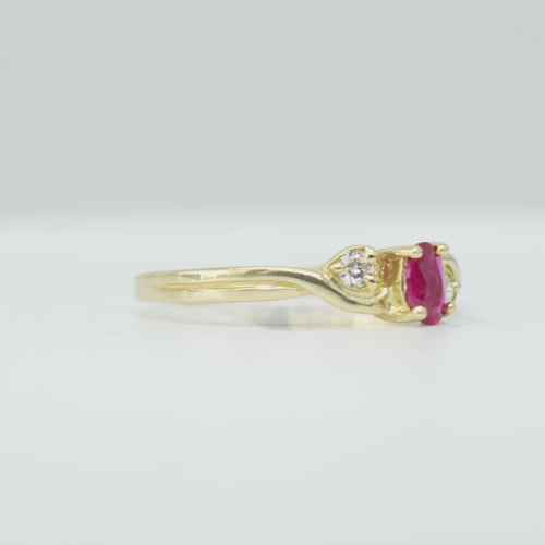 14KT Gold Ring Women's Mini Oval Red Hidden Halo Center CZ Stone with Two White Round Shoulder CZ Stones and Plain Band