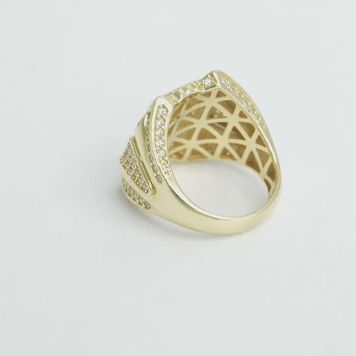 14KT Gold Ring Men's Two Tone Square Praying Virgin Mary Plain Border with White CZ Top/Side Stones