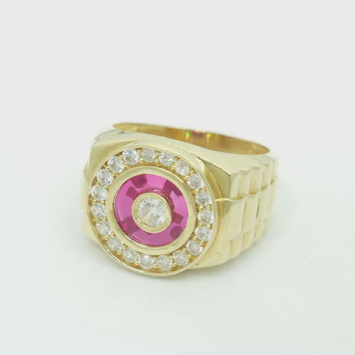 14KT Gold Ring Men's Mini Round White CZ Center Stone Plain Border on Red Onyx Background with White CZ Stones Border Side Design Jubilee
