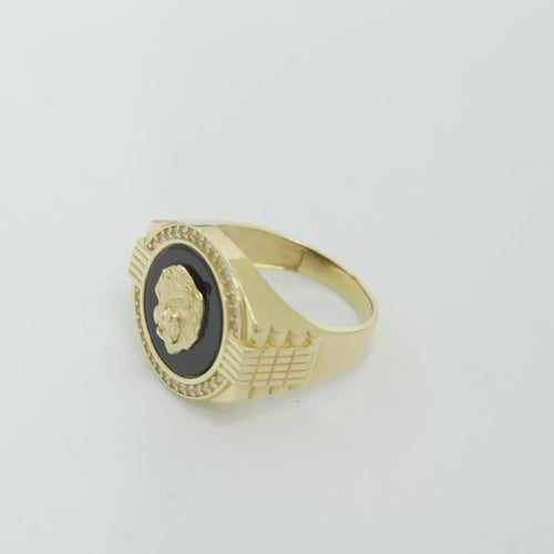 14KT Gold Ring Men's Onyx Raised Gold Lion Head White CZ Stoned Border Framed with Five Row Bridge Side Design Ascending Steps Under Continued Five Row Bridge