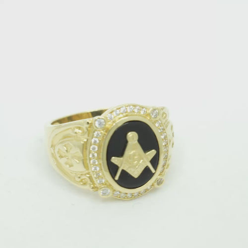 14KT Gold Ring Men's Oval Onyx Masonic Symbol White CZ Stones Border Side Design Chrome Style Cross