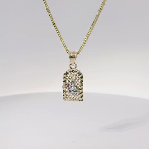 14KT Gold Charm Extra Small Two Tone St Clare Diamond Cut Lattice Square Archway with Red CZ Stone Lantern and Plain Bell