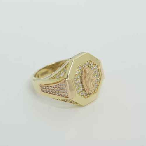 14KT Gold Ring Men's Octagon Two Tone Virgin Mary with White CZ Stones Background and Triple Row of White CZ Stones on Band