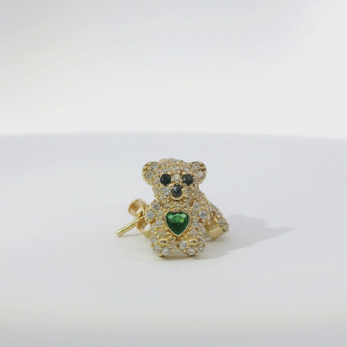 14KT Gold Earring Small White CZ Stones Teddy Bear with Black CZ Stones Eyes, Dark Green Heart CZ Stone Belly, Push Back Post, and Butterfly Backs