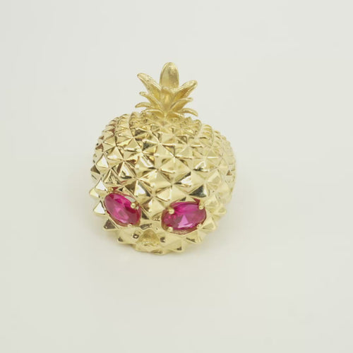 14KT Gold Ring Men's Pineapple Skull with Red Oval CZ Stone Eyes