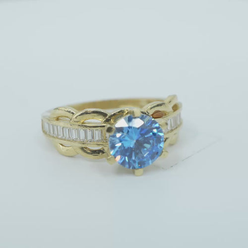 14KT Gold Ring Women's Round Light Blue 6 Prong Center CZ Scallop Border Baguette Band