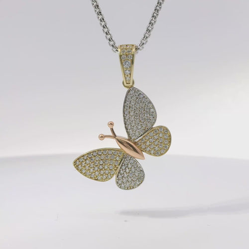 14KT Gold Charm Tri Tone White CZ Stones Butterfly with Rose Gold Body and White Gold White CZ Stones Wings and Bell
