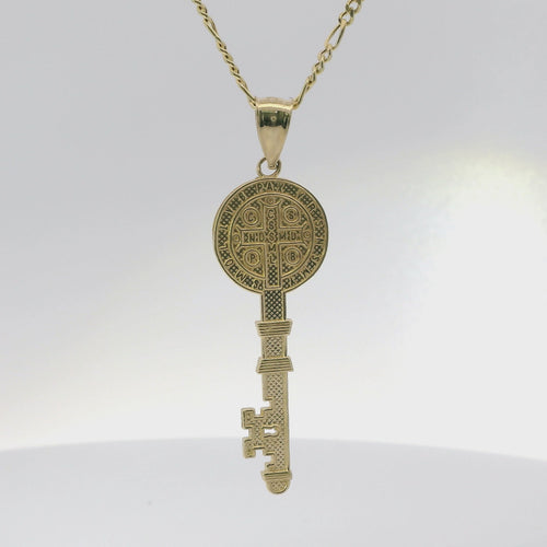 14KT Gold Charm Small Two Tone Key Shape St Benedict Coin with Plain Bell