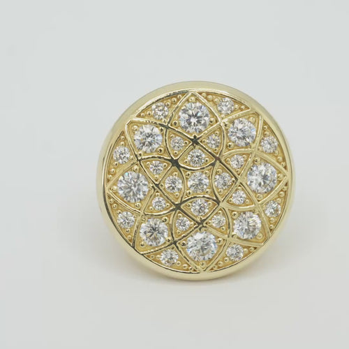 14KT Gold Ring Men's Jumbo Rosetta with White CZ Stones and Floral Print Band Design