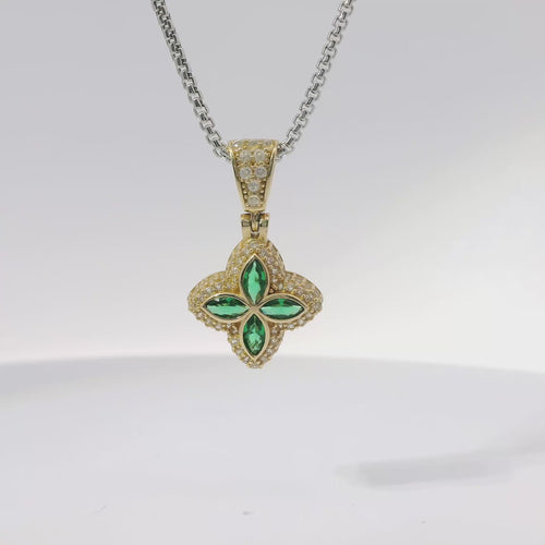14KT Gold Charm Small 3D Four Marquise Petal Dark Green Flower with White CZ Stones Border and Bell