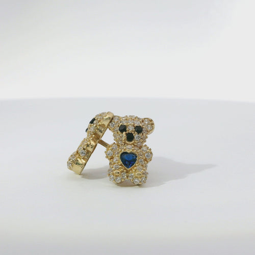 14KT Gold Earring Small White CZ Stones Teddy Bear with Black CZ Stones Eyes, Navy Blue Heart CZ Stone Belly, Push Back Post, and Butterfly Backs