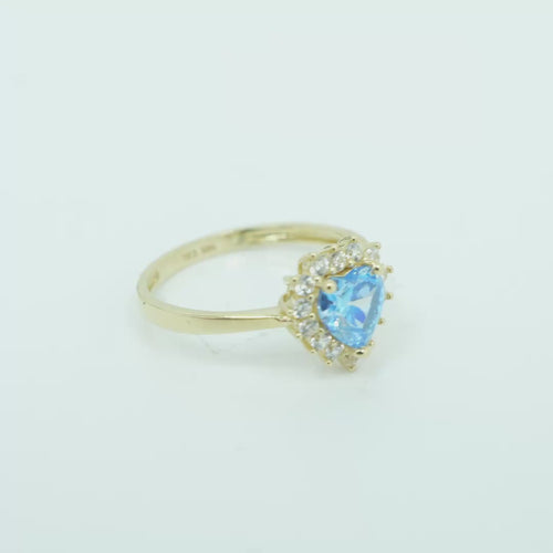 14KT Gold Ring Women's Flower Heart Light Blue Center Stone with White CZ Stone Petal Border Plain Band
