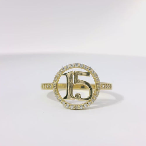 14KT Gold Ring Women's Quinceanera"15" Thin Open Round Center with White CZ Stone Band