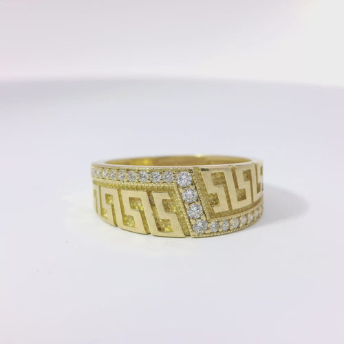 14KT Gold Ring Women's Mini Greek Center with White CZ Stone Lightning Bolt Across Center of Band