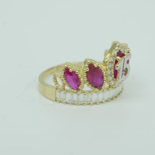 14KT Gold Ring Women's "15" Quinceanera Crown Dark Pink CZ Stones with White Baguette CZ Stones Band Plain Shank