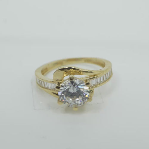 14KT Women's Gold Ring Round White CZ Center Stone and Single Row White CZ Baguettes with "S" Band