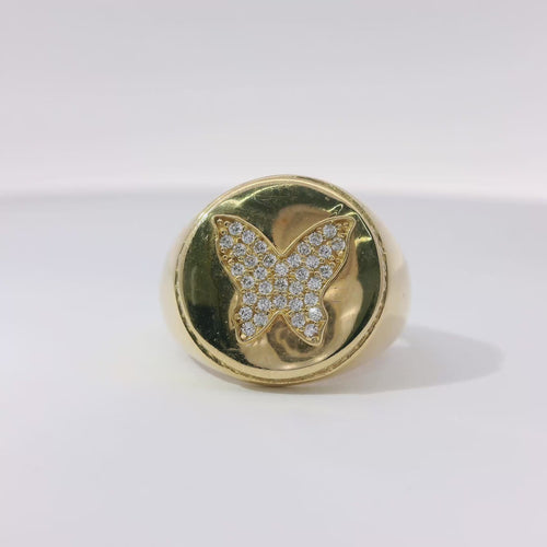 14KT Gold Ring Women's White CZ Stone Butterfly Coin with White CZ Stone Edge and Plain Band