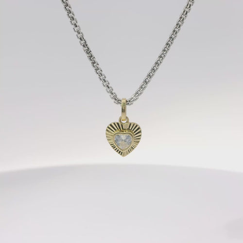 14KT Gold Charm Extra Small White Heart CZ Stone Center with Sunray Border and Plain Oval Bell