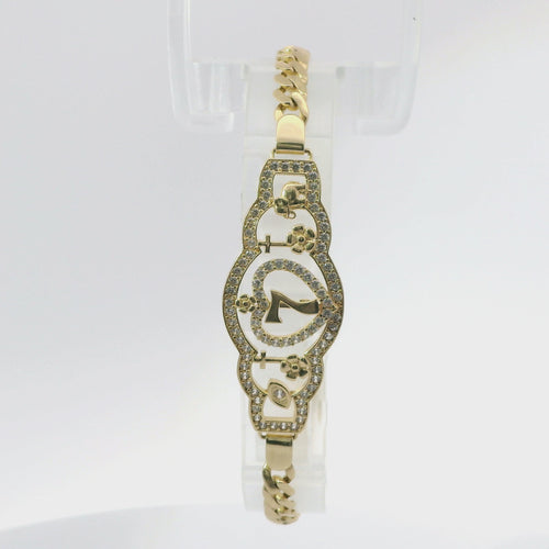 14KT Gold Bracelet Women's Lucky "7" Western Plaque with White CZ Stones Borders, Evil Eye, Cross, Clover, Elephant and White CZ Stone End Cuban Link Lobster Clasp Band