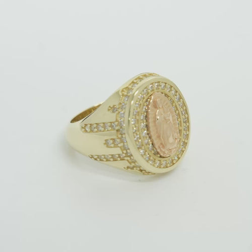 14KT Gold Ring Men's Oval Two Tone Praying Virgin Mary Center with White CZ Stones Background Plain Border with White CZ Drips on Sides