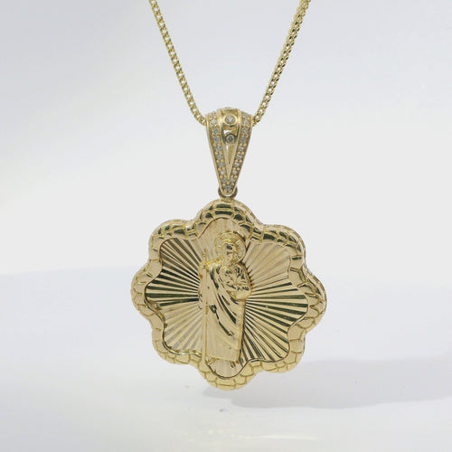 14KT Gold Charm Large Round Scallop St Jude Sunray Center with Nugget Border and White CZ Stones Edge and Bell