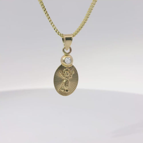 14KT Gold Charm Large Oval Flat Plain Sunray Background Angel Coin with White CZ Stone Top and Plain Bell