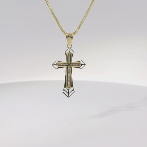 14KT Gold Charm Medium Cross Round Channel Set CZ Stones Center with Spade Shape Open Double Chevron Ends and Plain Bell