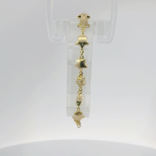 14KT Gold Bracelet Women's Alternating White CZ Stones Stars and Plain Puff Stars and White CZ Stone End Cuban Link Lobster Clasp Band