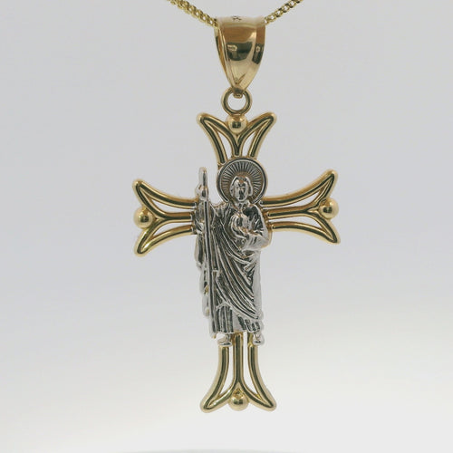 14KT Gold Charm Large Open Flare End Cross with Two Tone St Jude Center and Plain Bell