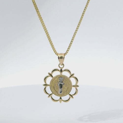 14KT Gold Charm Small Round Two Tone St Benedict Coin Center with Open Scallop Border and Plain Bell