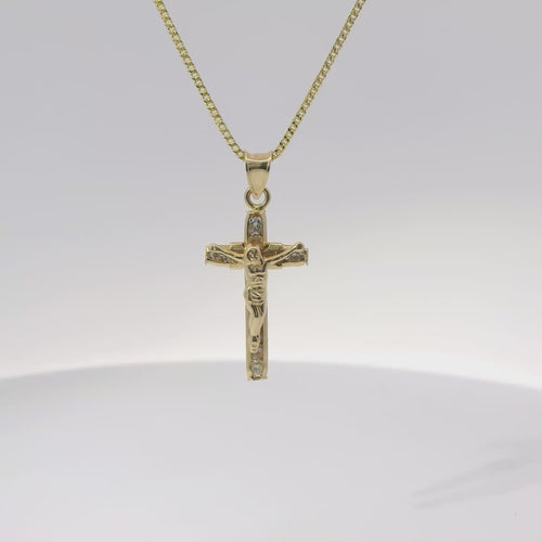 14KT Gold Charm Medium Crucifix Cross with White CZ Stones Under Center and Plain Bell