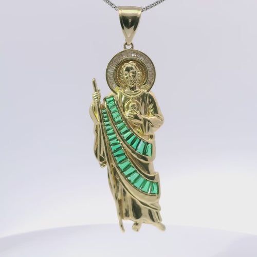 14KT Gold Charm Large St Jude Shape with White Baguette CZ Stones Halo and Dark Green Baguette CZ Stones Robe with Plain Bell