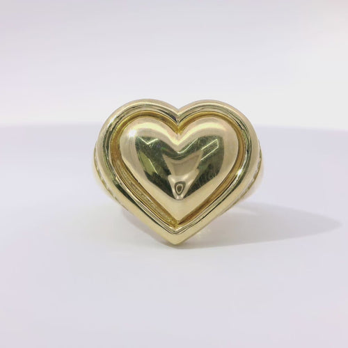 14KT Gold Ring Women's Plain Puff Heart with Plain Puff Heart Border White CZ Stones Edge Plain Band