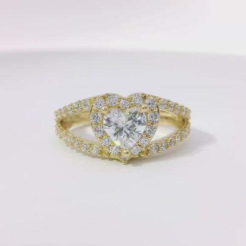 14KT Gold Ring Women's White Heart CZ Stone Center with White CZ Stones Border and Split Criss Crossed Band