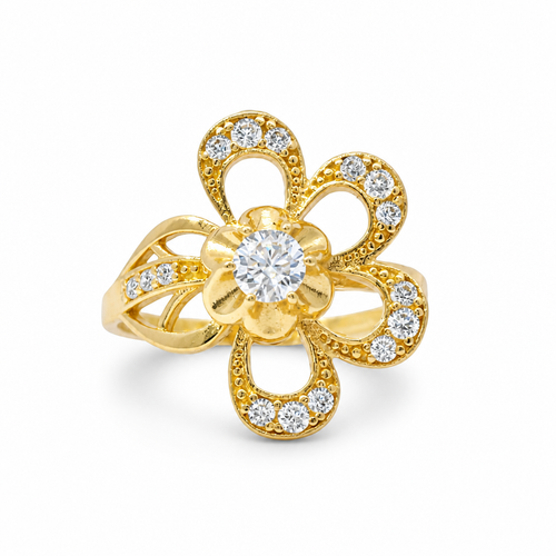 14KT Gold Ring Women's Light Weight 4 Petal Flower Open Center with White CZ Stone Round Border and Beaded Stem Sunflower Bypass Band