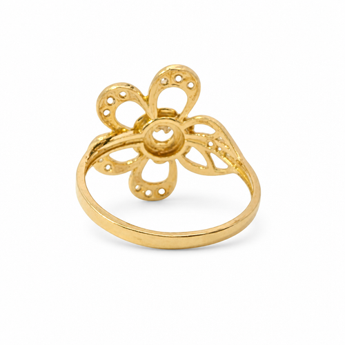14KT Gold Ring Women's Light Weight 4 Petal Flower Open Center with White CZ Stone Round Border and Beaded Stem Sunflower Bypass Band