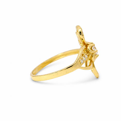 14KT Gold Ring Women's Light Weight 4 Petal Flower Open Center with White CZ Stone Round Border and Beaded Stem Sunflower Bypass Band